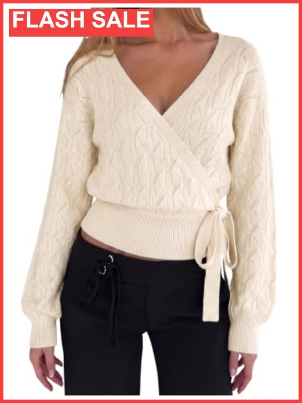 Cropped V-Neck Wrap Sweater Lantern Sleeve Pointelle Knit Pullover